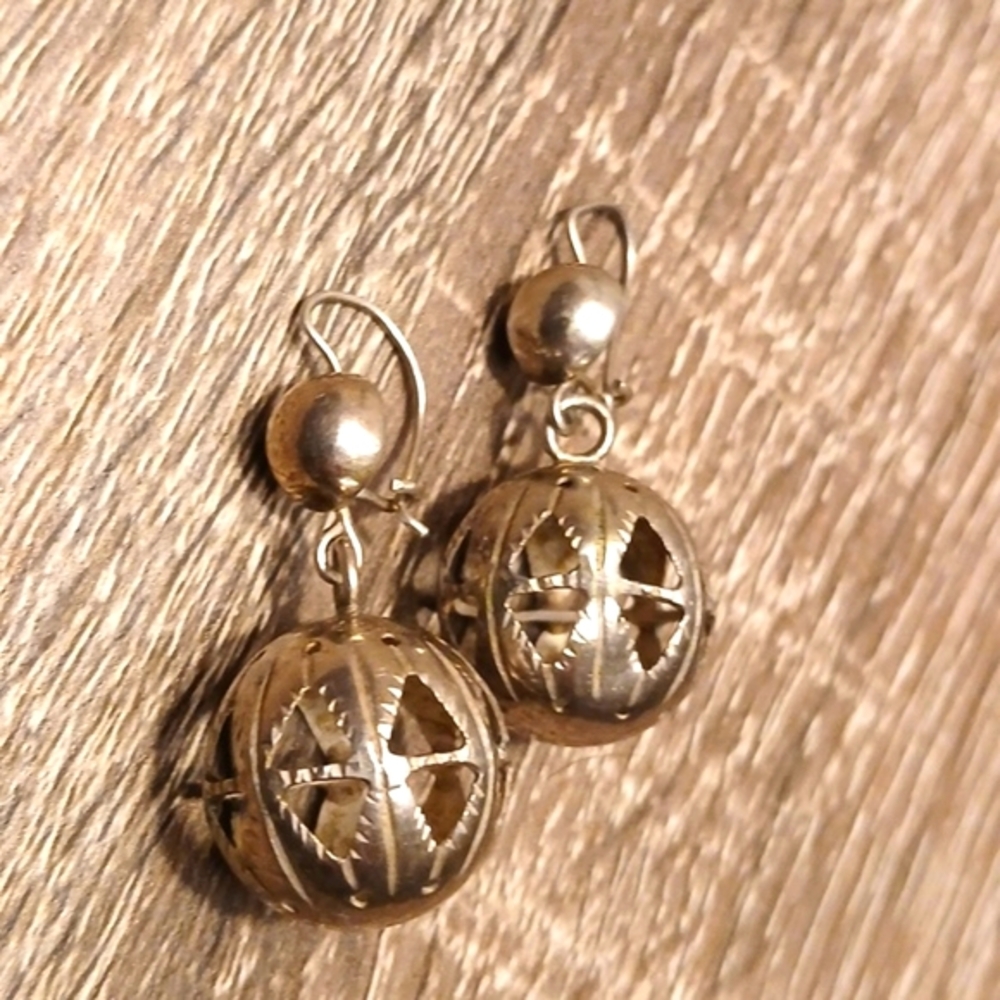 Solid Sterling Ball Dangle Earrings Vintage Cutout Design